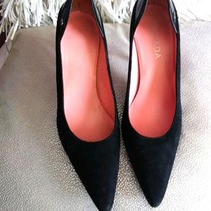 Escada black suede/patent pumps